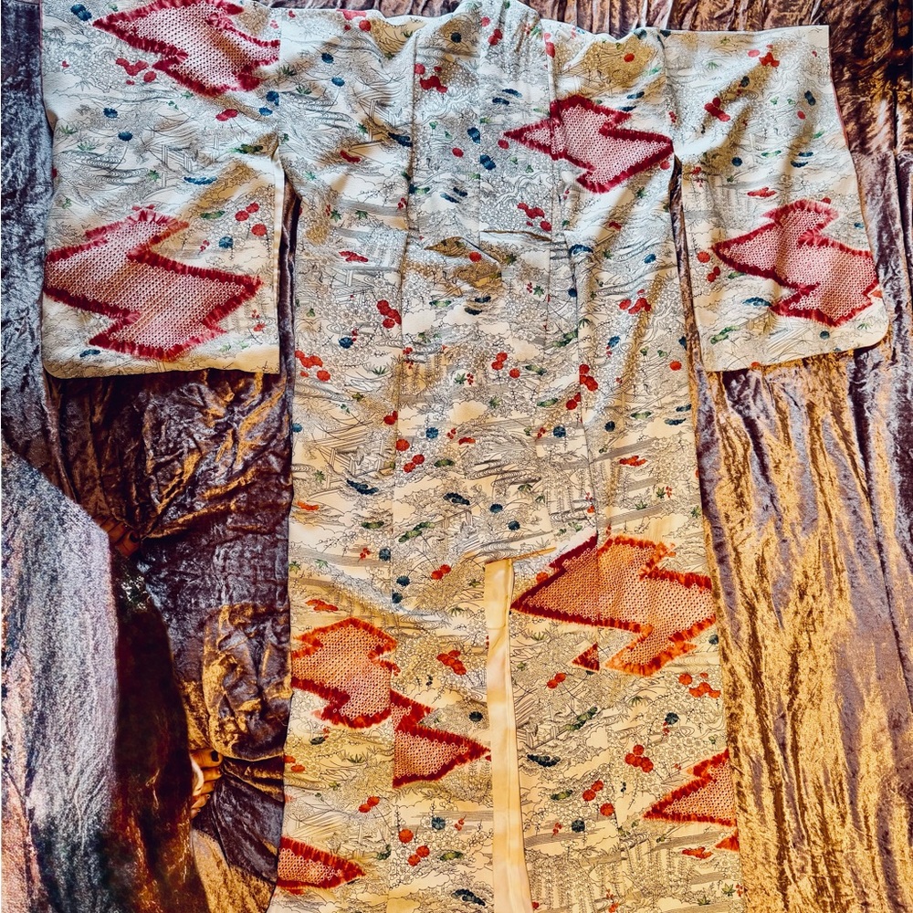 Antique Silk Crepe de Chine Kimono with Hand Printed Rice Pattern Design